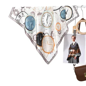 Fashionable square silk scarf with vintage clock pattern and mechanical gear design