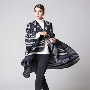 Châle poncho en maille géométrique bleu marine et gris, couverture chaude de style bohème