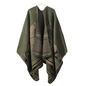 Dark green knitted shawl cape with brown horse pattern and thick cashmere-like texture
