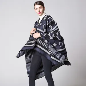 Châle en tricot épais pour femme avec motifs géométriques bleu marine et gris