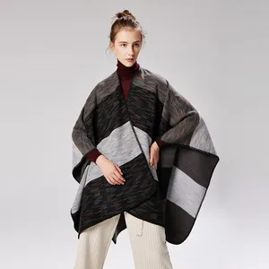 Dames Zachte Imitatie Kasjmier Regenboog Gestreepte Poncho Sjaal Oversized Open Voorkant Kleurblok Cape Voor Winter Herfst