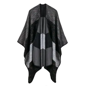 Thick rainbow striped oversized knit shawl cape for winter warm fashion in gray tones