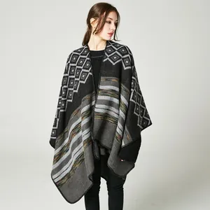 Women's Faux Cashmere Geometric Diamond Stripe Poncho Shawl Open Front Oversized Wrap Cape Cardigan For Winter Travel