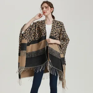 Women's stylish leopard print winter shawl with tassels and color-block knit design