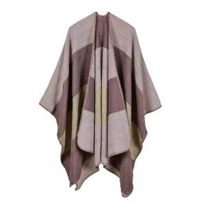 Detail of color-block striped shawl with premium stitching and thick knit texture