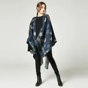 Women's vintage oversized cashmere-like knit shawl with star patterns and ethnic trim