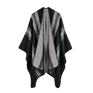 Women Ethnic Geometric Stripe Poncho Cape Soft Faux Cashmere Open Front Shawl Wrap Winter Warm Oversized Knit Cardigan Poncho