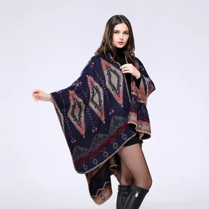 Women's Bohemian Geometric Rhombus Poncho Shawl Faux Cashmere Open Front Cloak Thick Warm Wrap Cardigan For Travel Office
