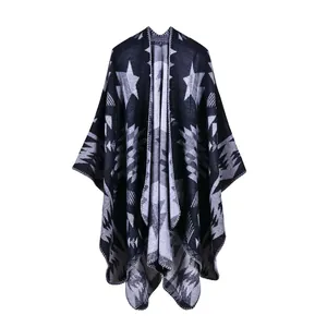 Geometric star pattern knit shawl in black and grey, warm open front pashmina wrap