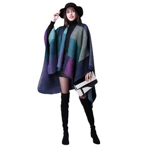 Women's color block knit poncho wrap shawl in purple and blue geometric pattern