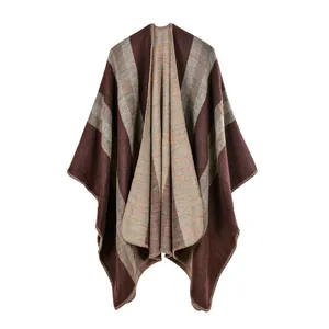 Women's faux cashmere striped split shawl cape with open front design for autumn winter
