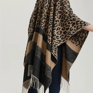 Women's leopard print winter cape shawl with striped hem and fringe tassels
