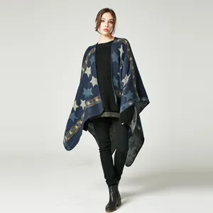 Detailed knit pattern of star-print cashmere-feel shawl with geometric borders