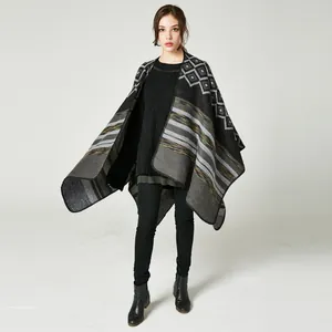 Elegant women's knit shawl poncho with geometric diamond patterns and striped details