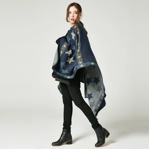 Navy blue star pattern knit shawl with ethnic fringe and thick cashmere feel wrap