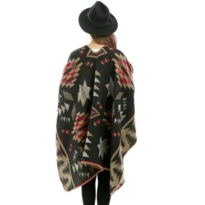 Ethnic geometric cashmere-like knit poncho cloak with vintage bohemian shawl pattern