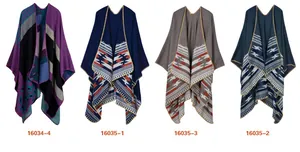 Detailed view of four Aztec knit ponchos with fringe stitching in diverse patterns