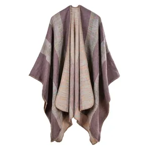 Close-up of ethnic style knit shawl with purple stripes and high-quality edge stitching