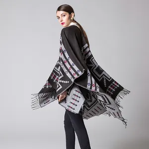 Ethnic geometric shawl with thick cashmere feel and tassels in deep brown and grey