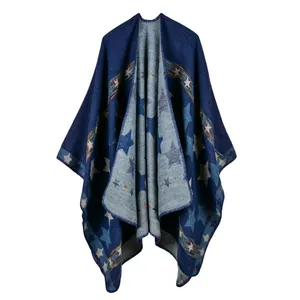 Star pattern cashmere-like knit poncho shawl with multicolored geometric stripes for women