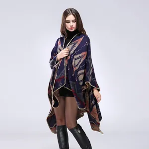 Thick geometric rhombus poncho cape in navy blue bohemian pattern with soft cashmere feel