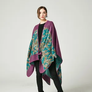 Detail of thick knit fabric texture on camouflaged split shawl with purple edges