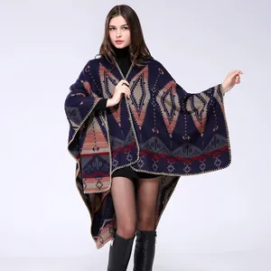 Ethnic geometric knit shawl poncho in navy blue with oversized thick pashmina feel