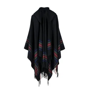 Chic women hooded poncho in black with colorful striped plaid hem and fringe detail