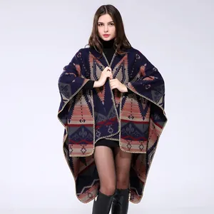Ethnic geometric diamond pattern thick poncho cape wrap with split front and contrast colors