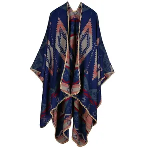 Ethnic geometric knit shawl with bohemian diamond patterns and thickened warm fabric