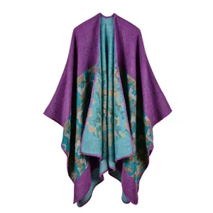 Elegant purple and teal camouflage pattern knit poncho cape for women with a long split fit