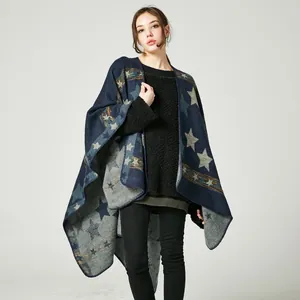 Women's Oversized Faux Cashmere Poncho Shawl Star Geometric Pattern Acrylic Polyester Blend Warm Thickened Wrap Cloak For Winter Fall