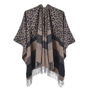Women's leopard print and striped patchwork winter shawl with stylish tassel fringe