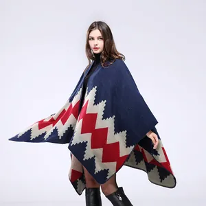 Women's Ethnic Geometric Knitted Poncho Shawl Thickened Cashmere-like Woven Jacquard Cape Open Front Oversized Wrap Scarf