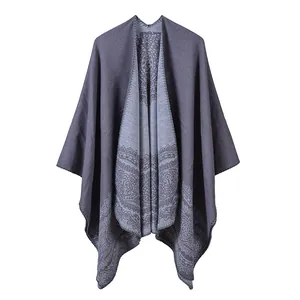Classic dark purple knitted shawl with vintage grey lace pattern and open front style