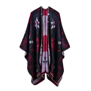 Faux cashmere shawl with geometric diamond pattern and ethnic star motifs in black and burgundy