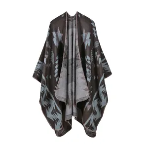 Ethnic geometric pattern cashmere-like knit shawl in dark brown and gray shades