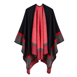 Women's Reversible Striped Knitted Poncho Shawl Open Front Color Block Cardigan Cloak Blanket Wrap For Winter Travel