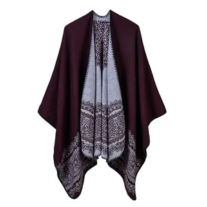 Elegant burgundy knit shawl cape with vintage grey lace pattern for formal autumn wear