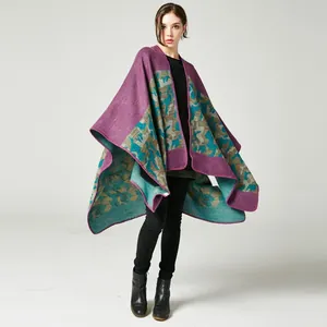 Women stylish purple camouflage cashmere poncho with split long thickened knit wrap