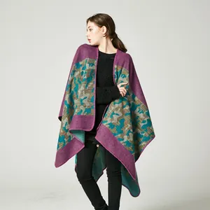 Women's long camouflage knitted poncho cape in deep purple cashmere-like thick fabric