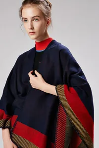 Close-up of winter knit shawl showing jacquard patterns and overlock stitching edge
