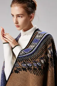 Detailed knit texture of a brown geometric shawl with ethnic woven patterns