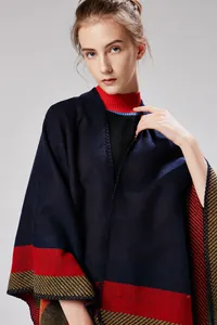 Detail of navy knit shawl featuring geometric stripes and reinforced hem stitching