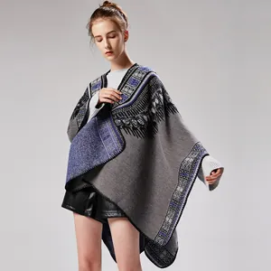 Women's thick knit shawl with geometric patterns and split design for versatile styling