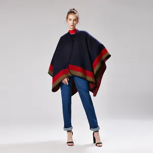 Navy blue geometric knit shawl wrap with red stripe borders for autumn winter warmth