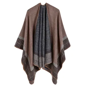 Women's knit shawl poncho with dual-tone brown and grey design and checkered hem trim