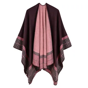 Women's burgundy and pink striped knit shawl wrap with elegant color block design