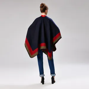 Women's warm geometric jacquard knit shawl in navy blue and red color-block design