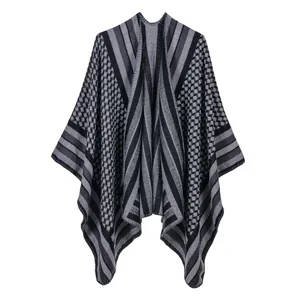 Knit cashmere-feel shawl cloak with black striped patterns and tassels for women